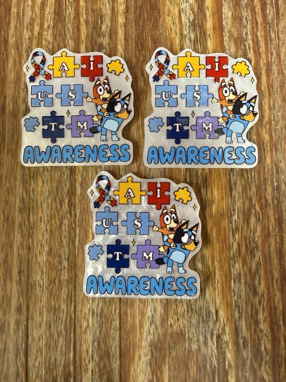 3 Pc Bluey Autism Awareness Acrylic Flatbacks